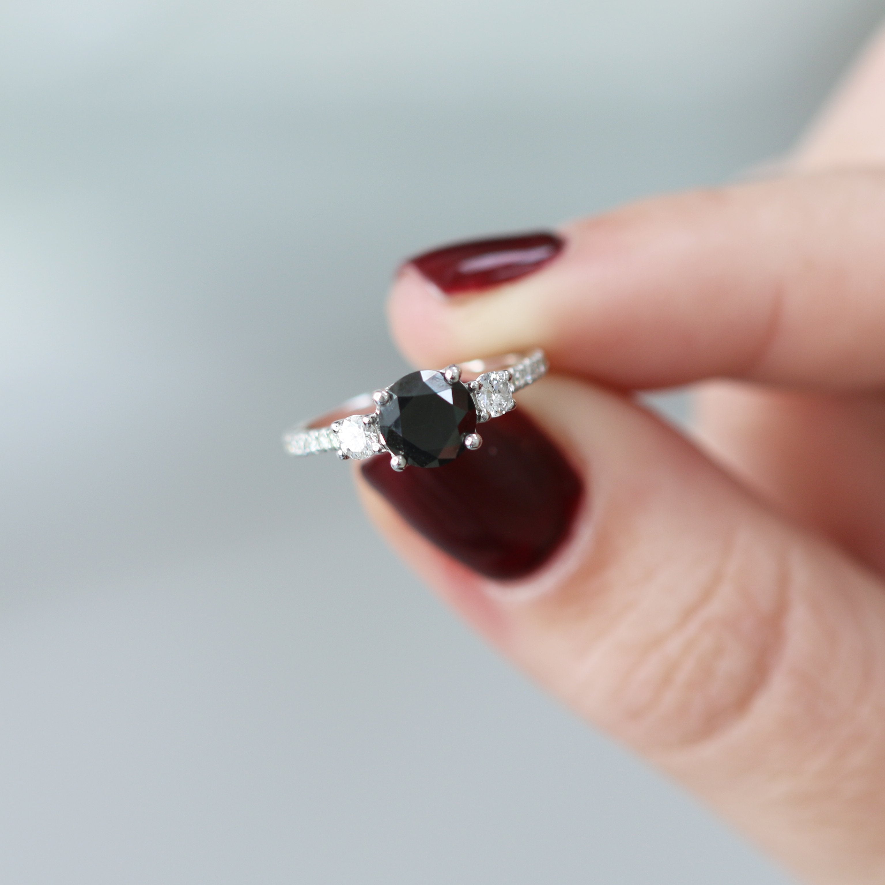 Unique  Natural Black Diamond Round Engagement Ring