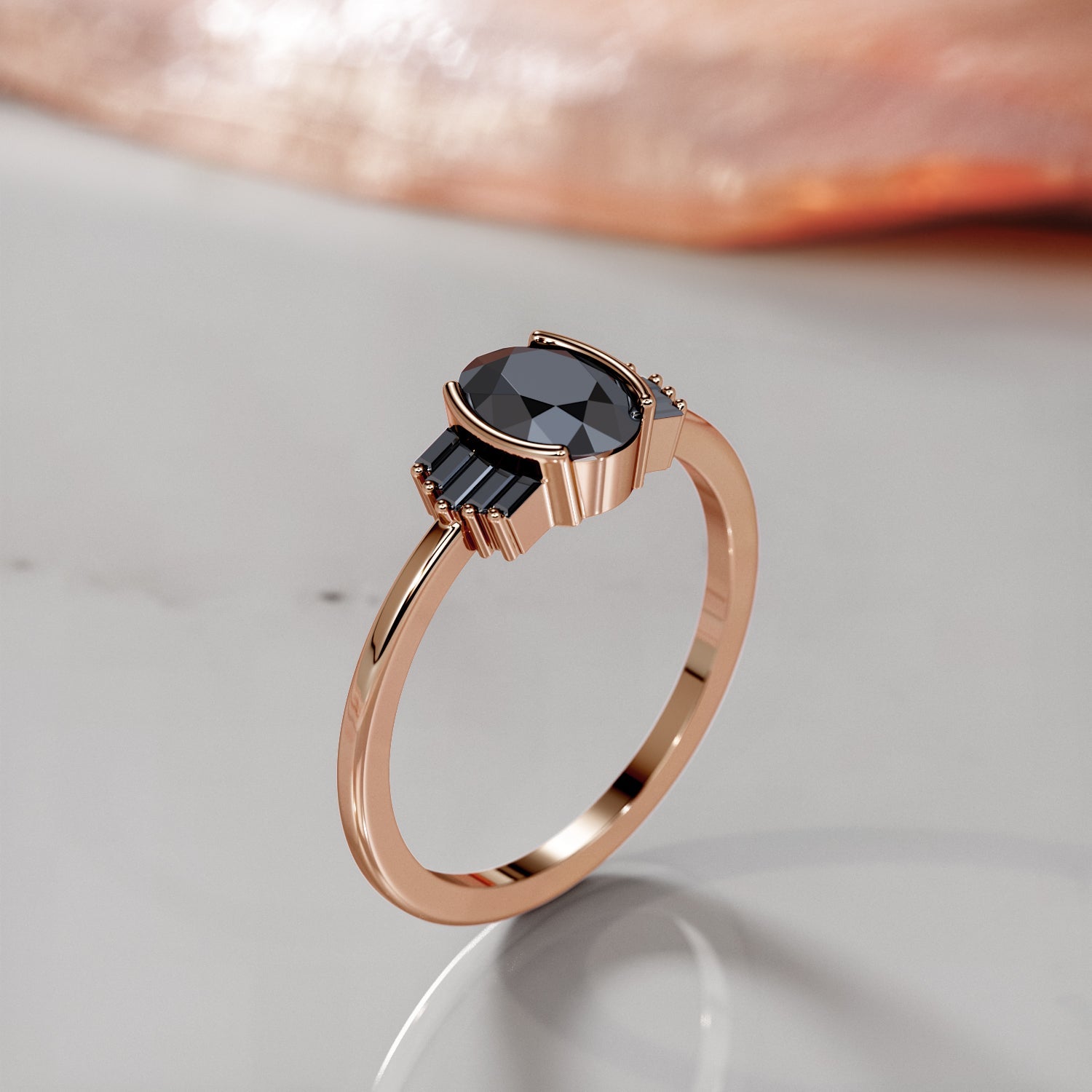 Art Deco Natural Black Diamond Oval & Baguette Engagement Ring