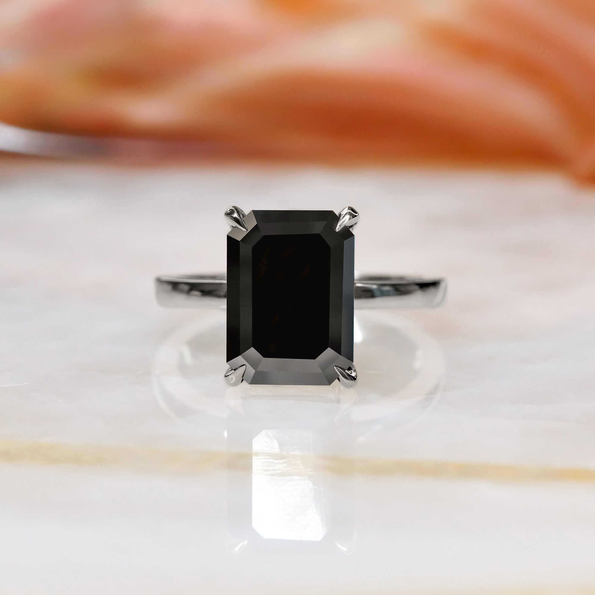Solitaire  Natural Black Diamond Emerald Cut Engagement Ring