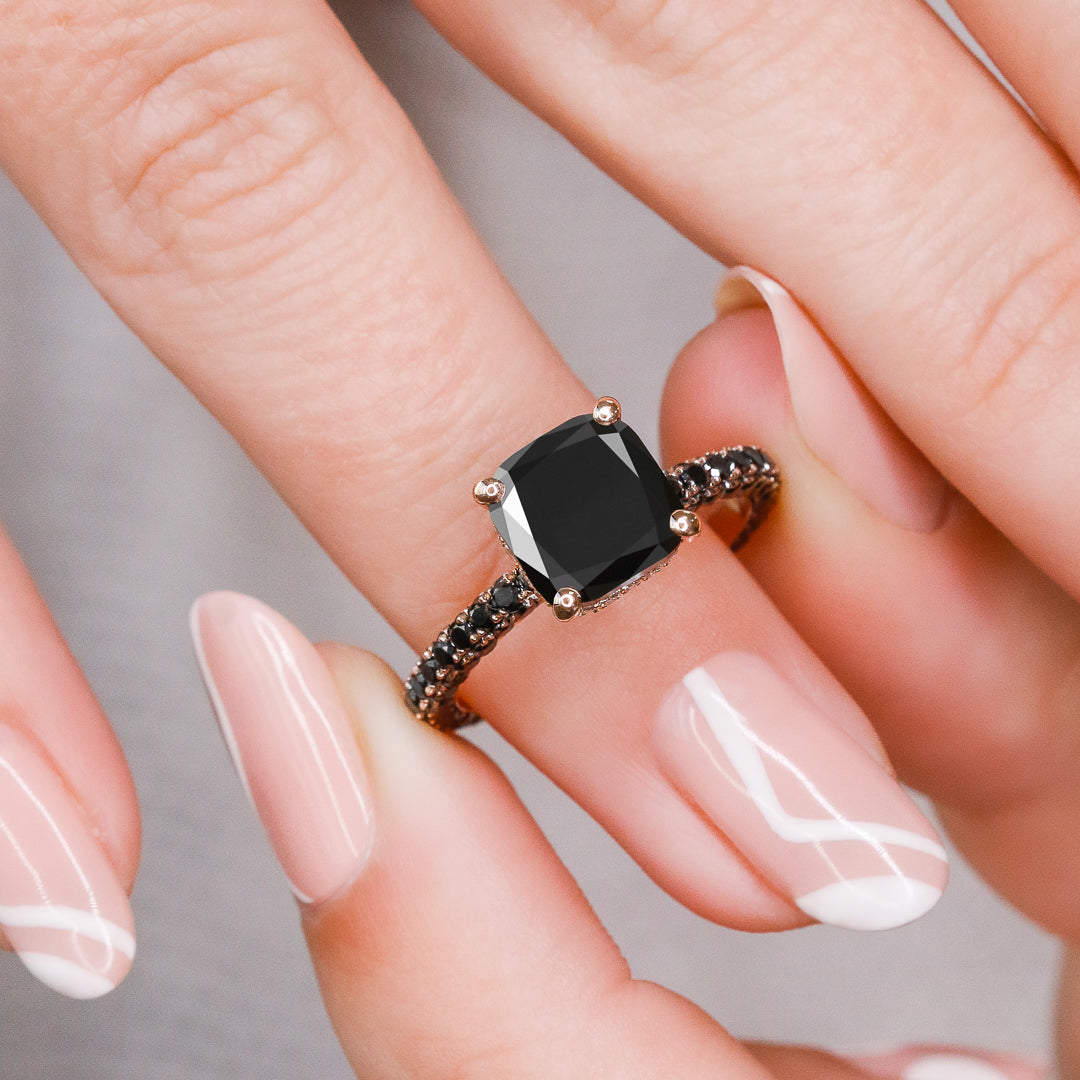 3.44 Carats Double Hidden Halo Three-Sided Black & White Natural Diamond Cushion Cut