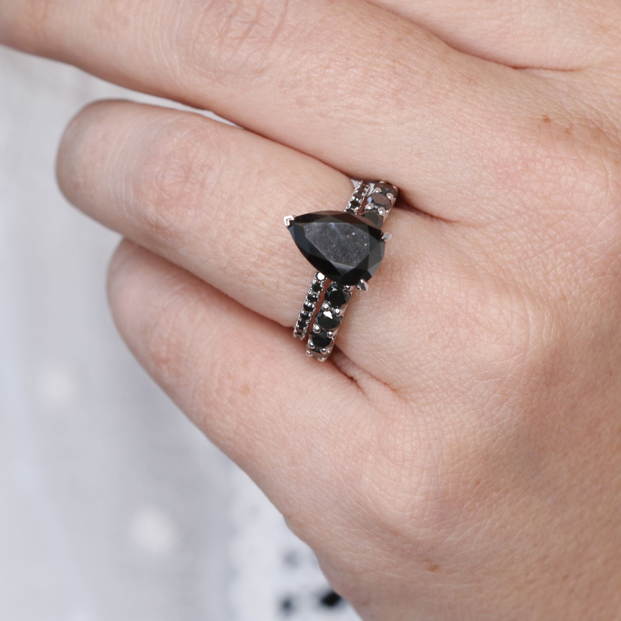 Alternative Natural Black Diamond Pear Cut Engagement Ring